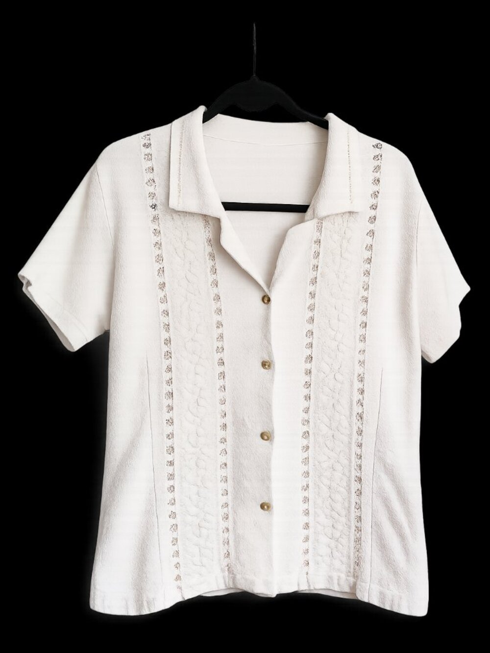 Vintage White Textured Button Front Blouse, Lace Detail, Cottagecore, Size M